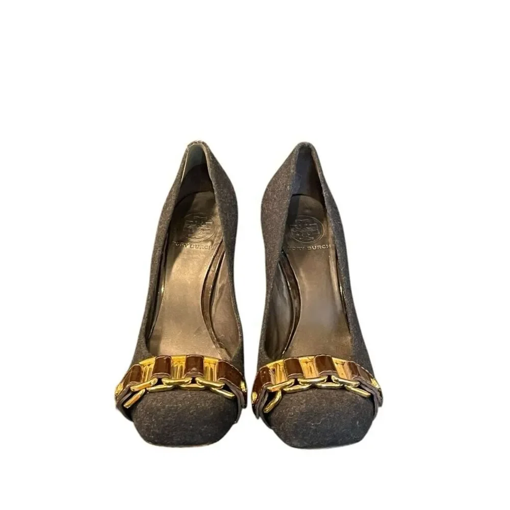 Tory Burch Size 7 M Black Flannel Stacked Heels Chain Link Pumps Shoes MSRP $298
